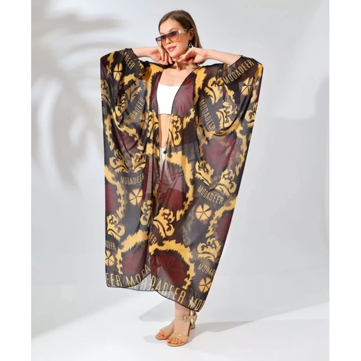 Kadın Rahat Kesim Kemerli Şifon Kimono - Kahve