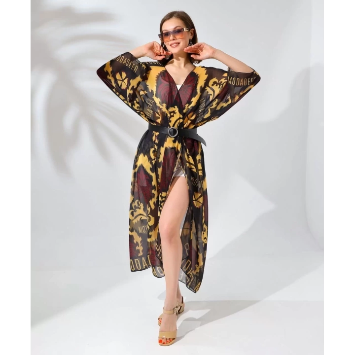 Kadın Rahat Kesim Kemerli Şifon Kimono - Kahve