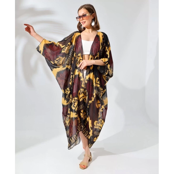 Kadın Rahat Kesim Kemerli Şifon Kimono - Kahve