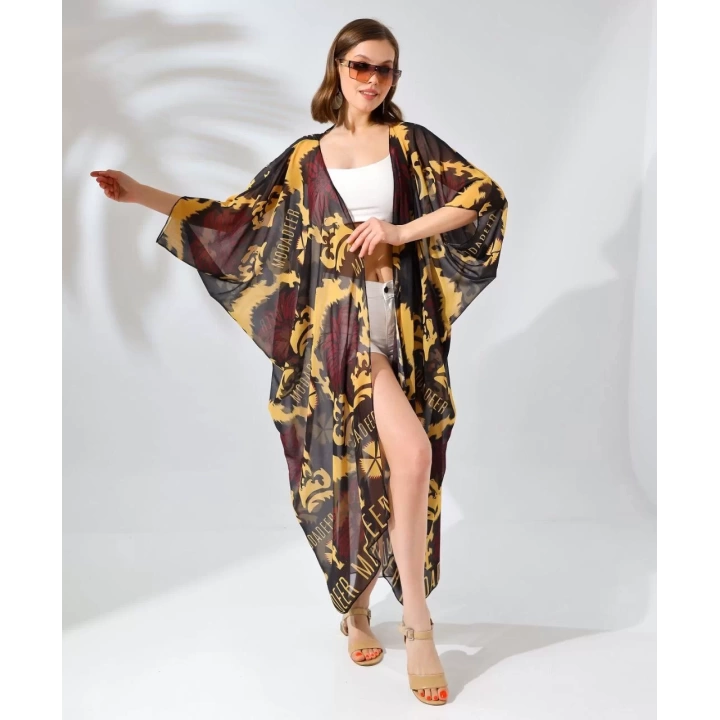 Kadın Rahat Kesim Kemerli Şifon Kimono - Kahve