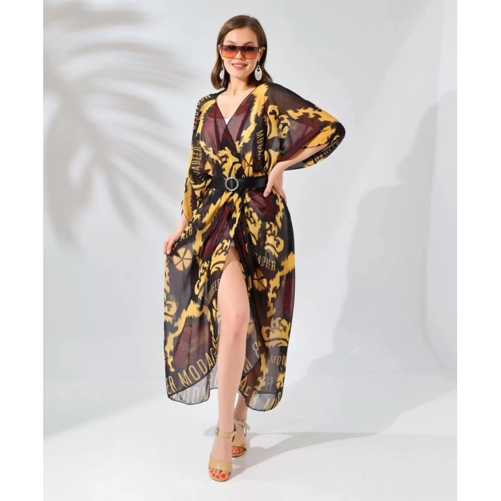 Kadın Rahat Kesim Kemerli Şifon Kimono - Kahve