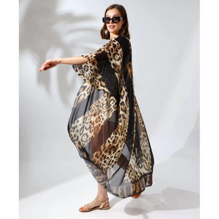 Kadın Rahat Kesim Kemerli Şifon Kimono - Leopar