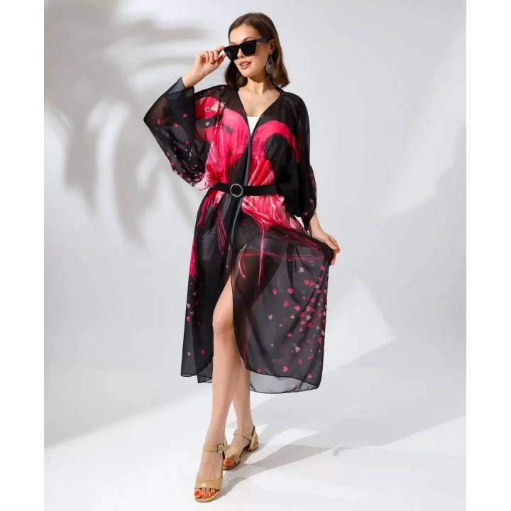 Kadın Rahat Kesim Kemerli Şifon Kimono - Siyah