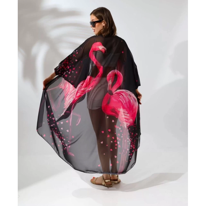 Kadın Rahat Kesim Kemerli Şifon Kimono - Siyah