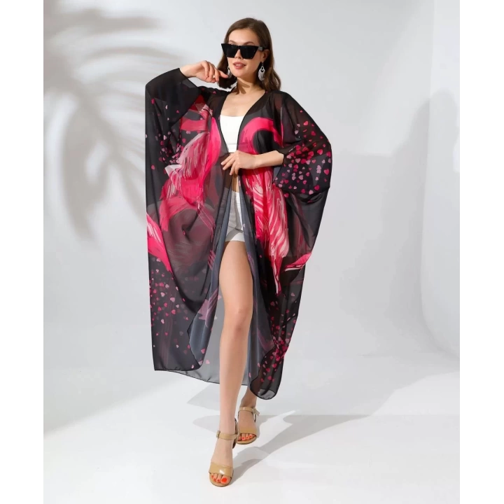 Kadın Rahat Kesim Kemerli Şifon Kimono - Siyah