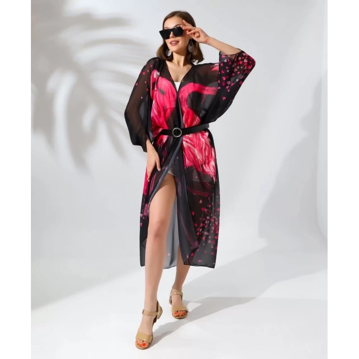 Kadın Rahat Kesim Kemerli Şifon Kimono - Siyah