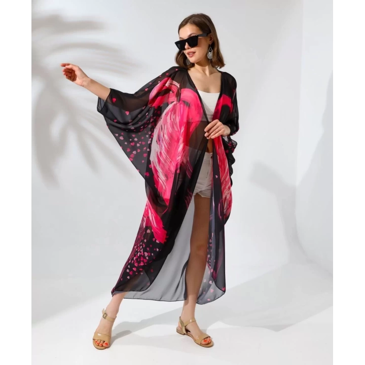 Kadın Rahat Kesim Kemerli Şifon Kimono - Siyah