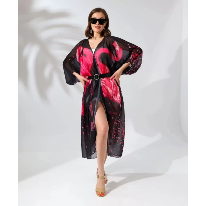 Kadın Rahat Kesim Kemerli Şifon Kimono - Siyah