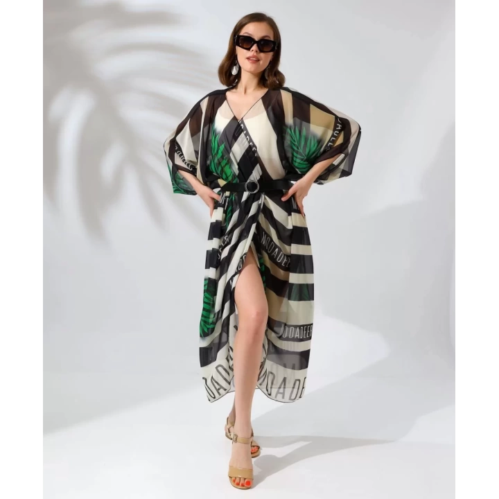 Kadın Rahat Kesim Kemerli Şifon Kimono - Yeşil