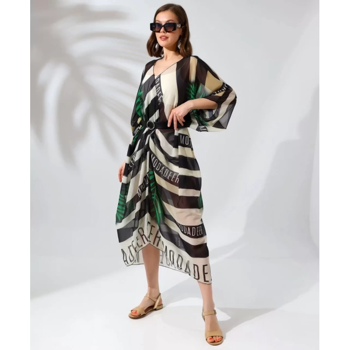 Kadın Rahat Kesim Kemerli Şifon Kimono - Yeşil