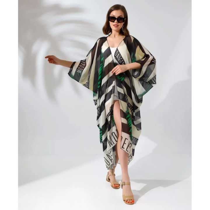 Kadın Rahat Kesim Kemerli Şifon Kimono - Yeşil