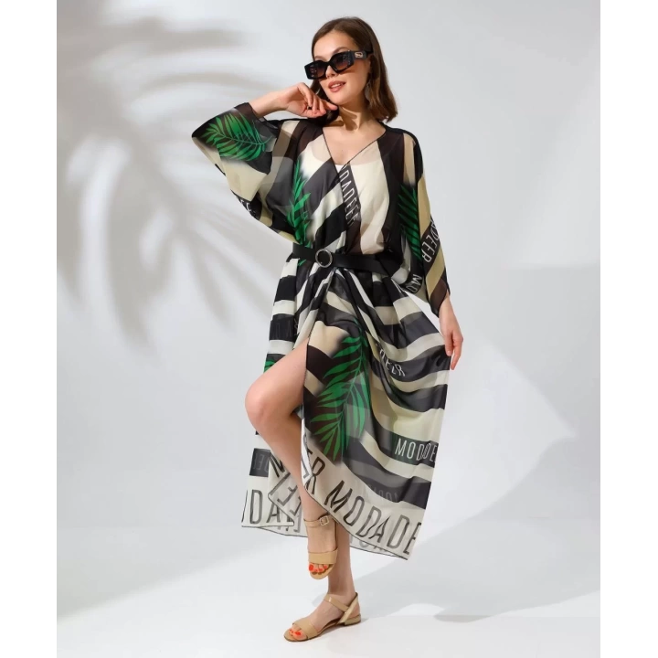 Kadın Rahat Kesim Kemerli Şifon Kimono - Yeşil