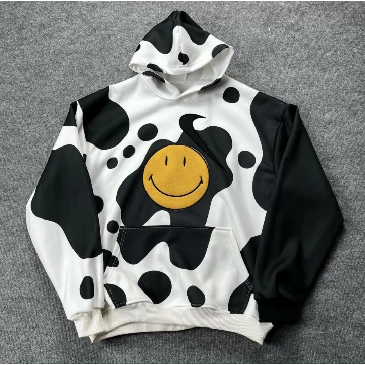 Kadın Smiley Face Kapüşonlu Sweatshirt - Siyah