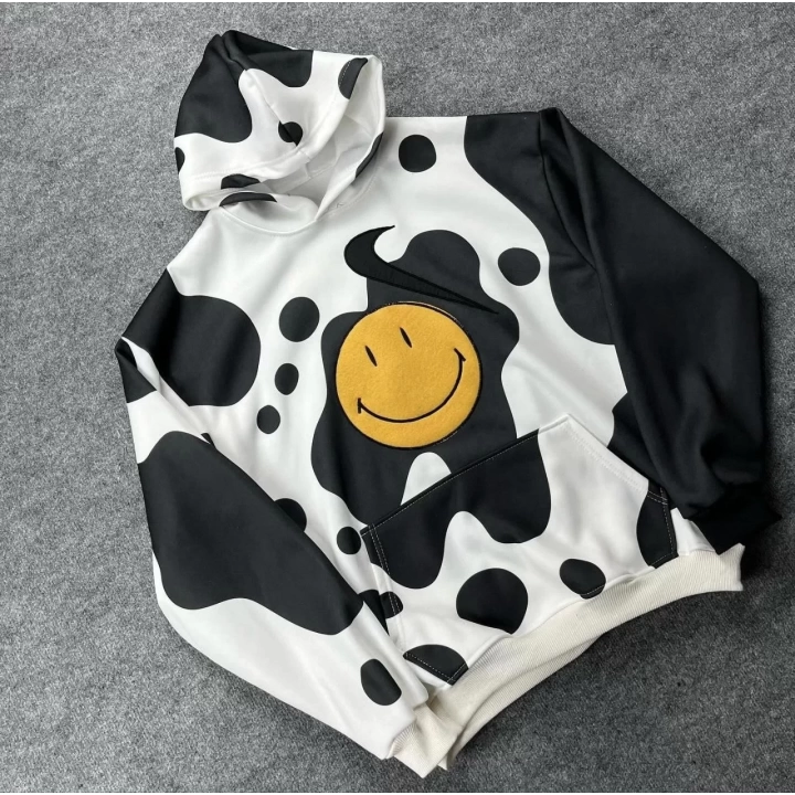 Kadın Smiley Face Kapüşonlu Sweatshirt - Siyah