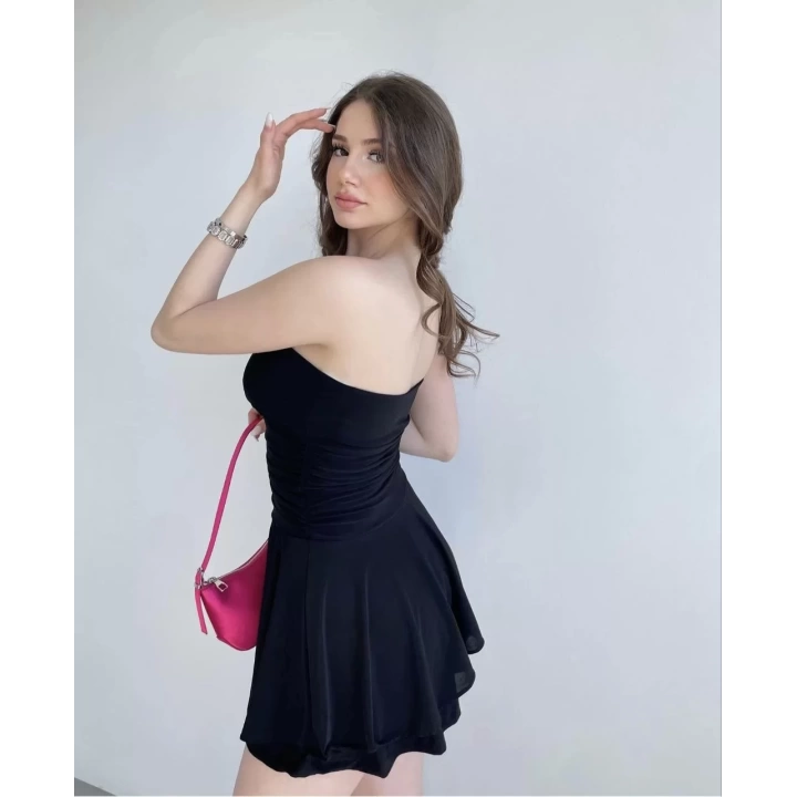 Kadın Straplez Sandy Kumaş Şortlu Prenses Etek Mini Klos Elbise- Siyah