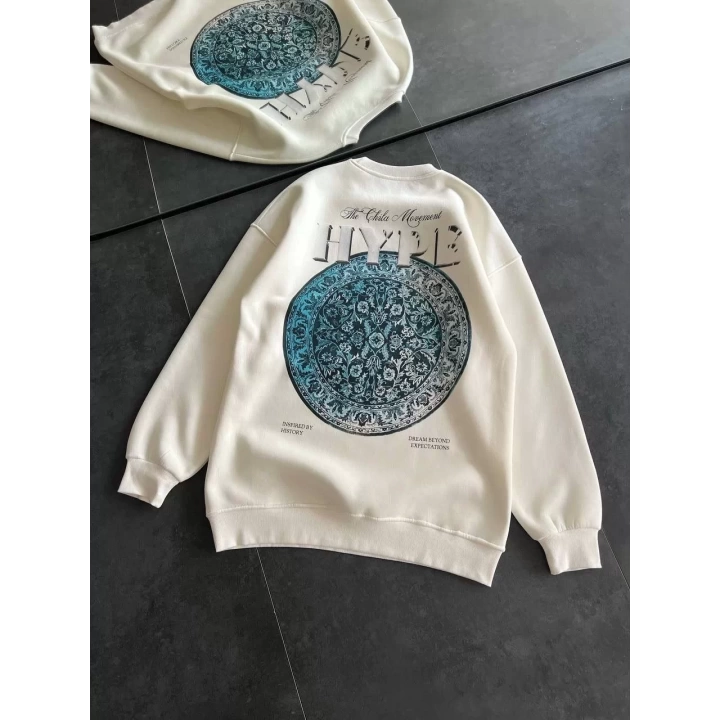 Kadın Üç İplik Bisiklet Yaka Baskılı SweatShirt - Beyaz