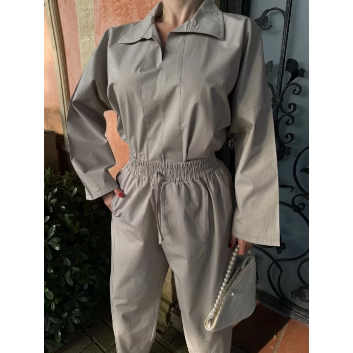 Kadın Uzun Kollu Yakalı Gömlek Pantalon Takım- Gri