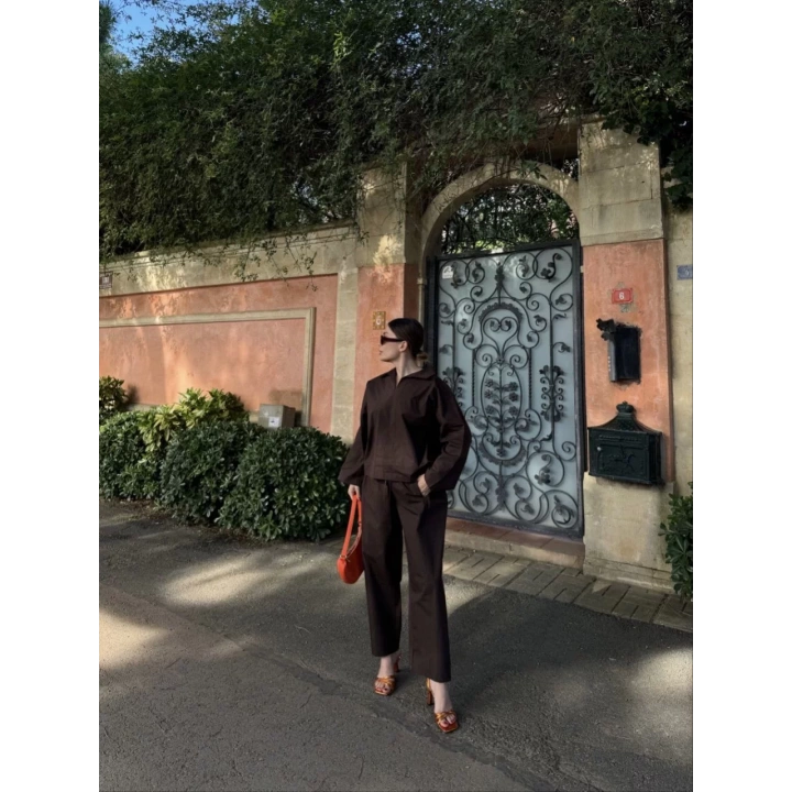 Kadın Uzun Kollu Yakalı Gömlek Pantalon Takım- Kahverengi