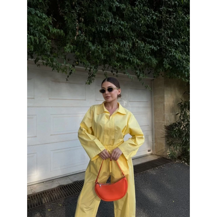 Kadın Uzun Kollu Yakalı Gömlek Pantalon Takım- Sarı