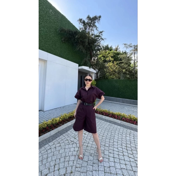 Kadın Yakalı Gömlek Kemerli Şortlu Takım - Bordo
