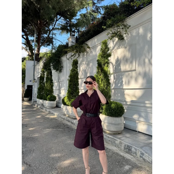 Kadın Yakalı Gömlek Kemerli Şortlu Takım - Bordo