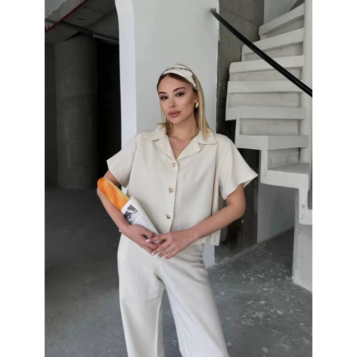 Keten Kısa Kollu Gömlek Pantolon ikili Takım - Beyaz