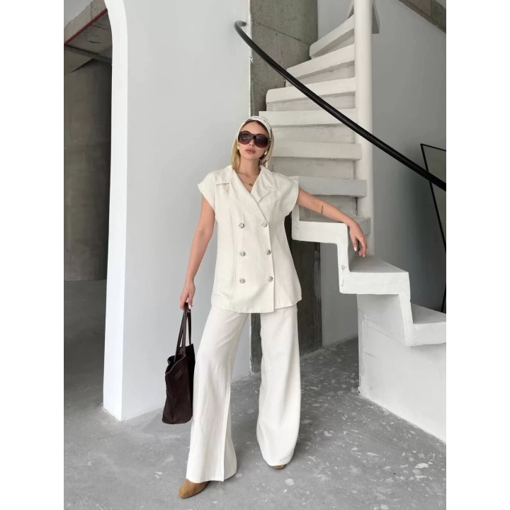 Keten Sıfır Kol Blezer Ceket Pantolon ikili Takım- Beyaz