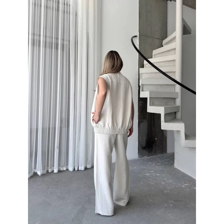 Keten Tam Fermuarlı Kolsuz Ceket Pantolon ikili Takım- Beyaz