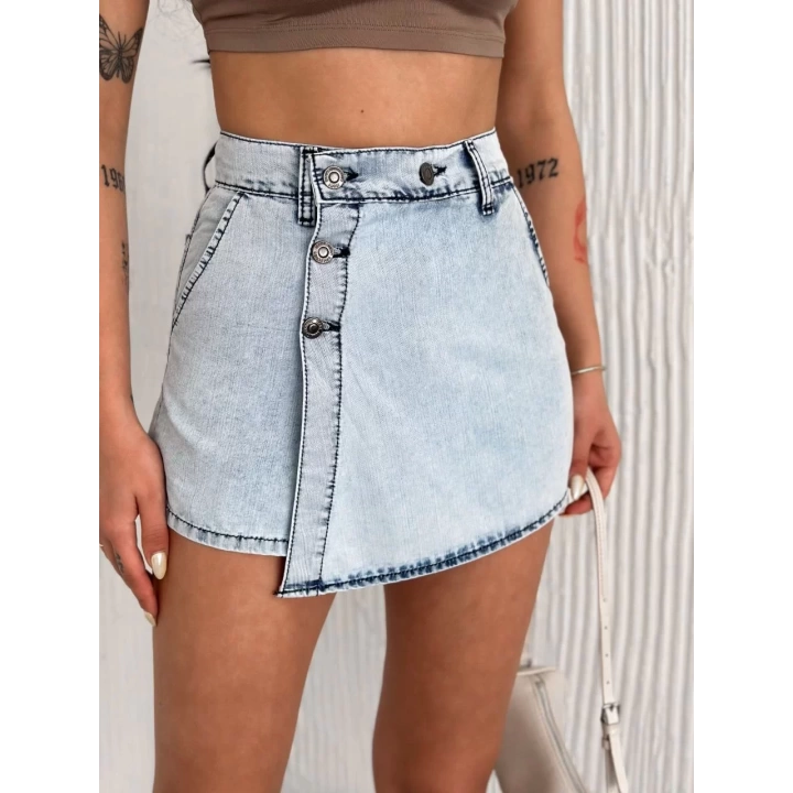 Kot Jeans Kesimetrik Kesim Cepli Şortlu Etek - Gri