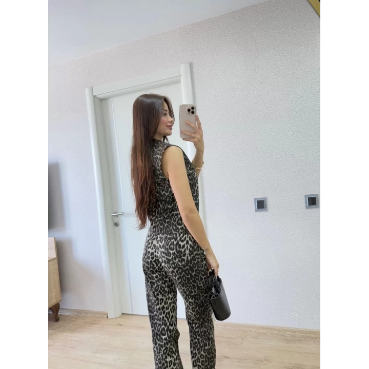 leopar desenli Düğmeli Bluzlu Pantolon İkili Takım -Leopar