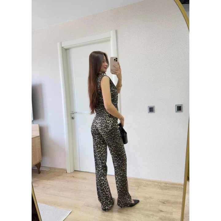 leopar desenli Düğmeli Bluzlu Pantolon İkili Takım -Leopar