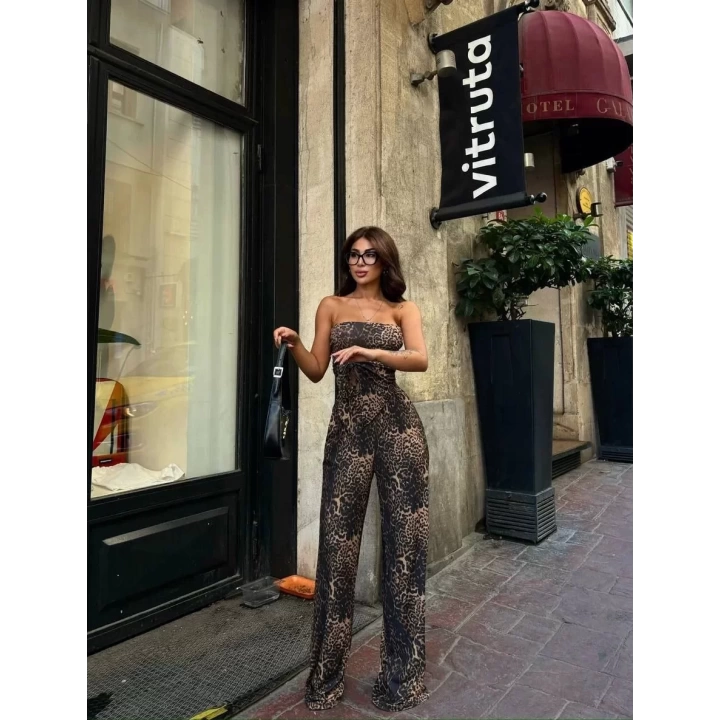leopar desenli önden bağlamalı bluz Pantolon İkili Takım -Leopar