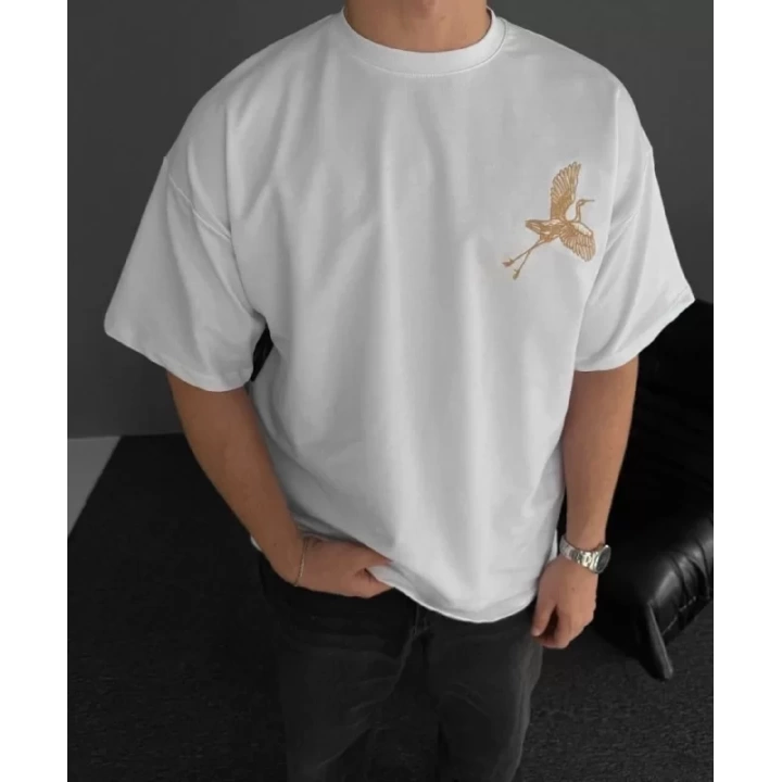 Ön ve Arka Baskılı Oversize Bisiklet Yaka T-shirt - Beyaz