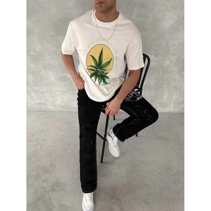 Ön ve Arka Baskılı Oversize Bisiklet Yaka T-shirt- Beyaz
