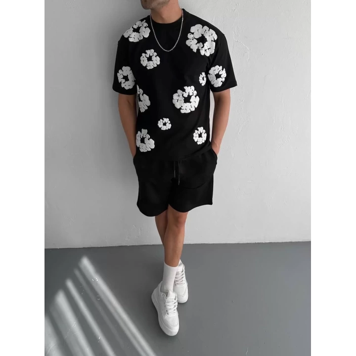 Ön ve Arka Baskılı Oversize Bisiklet Yaka T-shirt- Siyah