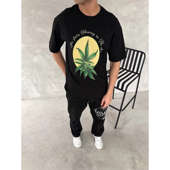 Ön ve Arka Baskılı Oversize Bisiklet Yaka T-shirt- Siyah