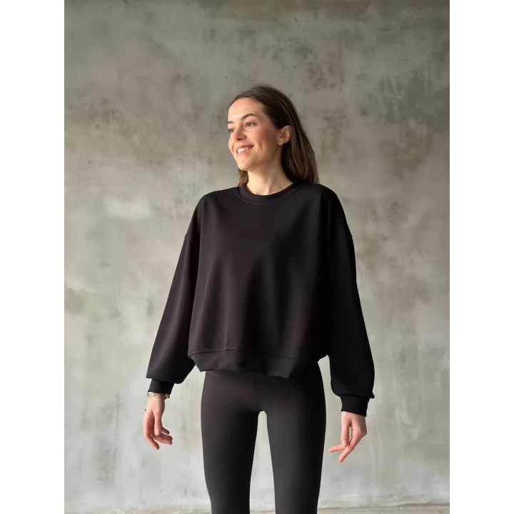 Osy Modal Yumuşak dokulu Kumaş Bisiklet Yaka Oversize Sweatshirt - Siyah