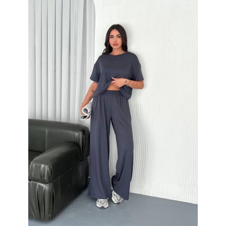 Osy Modal Yumuşak Dokulu Kumaş Bisiklet Yaka T-shirt Bol paça Pantalon ikili Takım -Antrasit