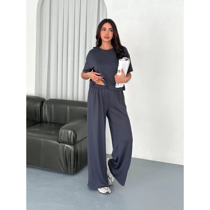 Osy Modal Yumuşak Dokulu Kumaş Bisiklet Yaka T-shirt Bol paça Pantalon ikili Takım -Antrasit