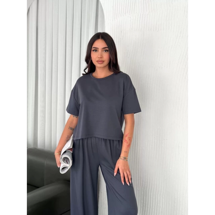 Osy Modal Yumuşak Dokulu Kumaş Bisiklet Yaka T-shirt Bol paça Pantalon ikili Takım -Antrasit