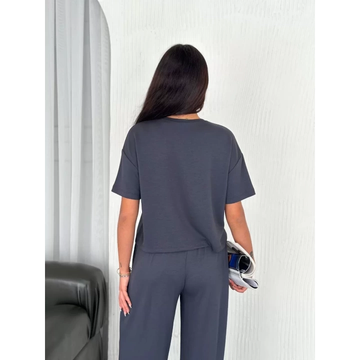 Osy Modal Yumuşak Dokulu Kumaş Bisiklet Yaka T-shirt Bol paça Pantalon ikili Takım -Antrasit