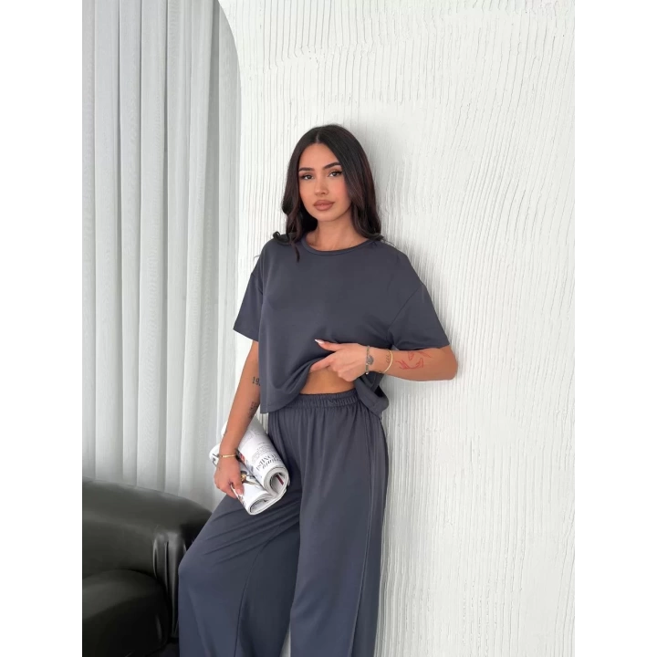 Osy Modal Yumuşak Dokulu Kumaş Bisiklet Yaka T-shirt Bol paça Pantalon ikili Takım -Antrasit