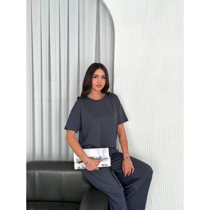 Osy Modal Yumuşak Dokulu Kumaş Bisiklet Yaka T-shirt Bol paça Pantalon ikili Takım -Antrasit