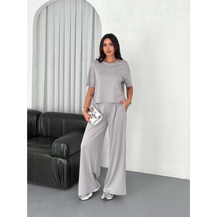 Osy Modal Yumuşak Dokulu Kumaş Bisiklet Yaka T-shirt  Bol paça Pantalon ikili Takım - Boyalı Gri