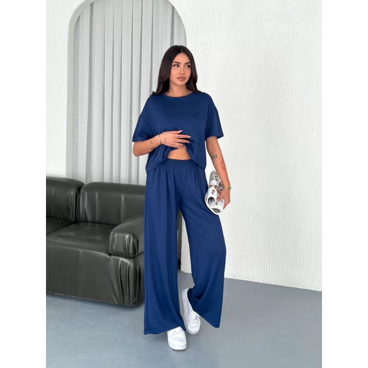 Osy Modal Yumuşak Dokulu Kumaş Bisiklet Yaka T-shirt Bol paça Pantalon ikili Takım -Saks Mavi