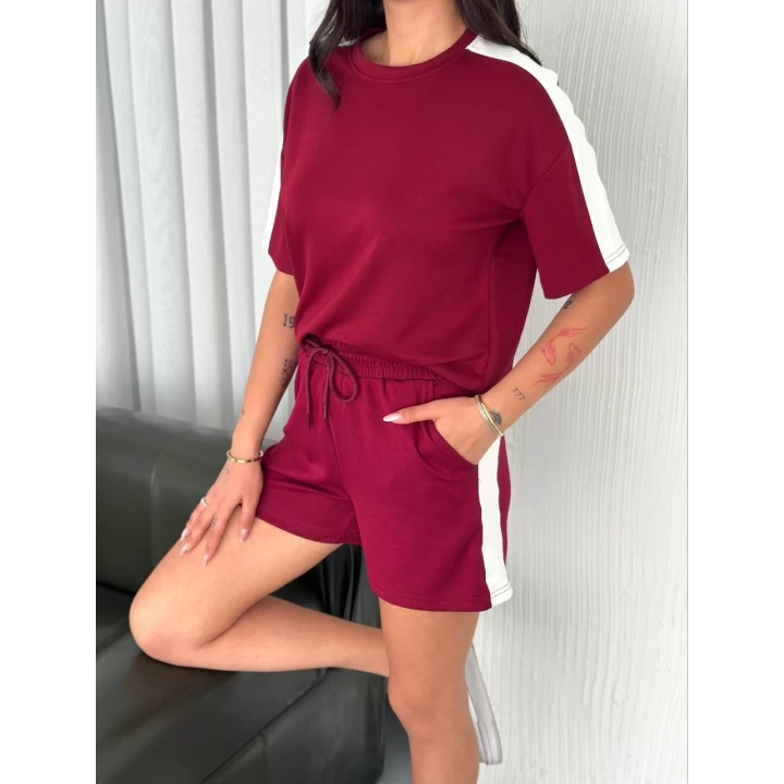 Osy Modal yumuşak dokulu Kumaş Kadın Parçalı Bisiklet Yaka T-shirt Kısa Şort İkili Takım -  Bordo
