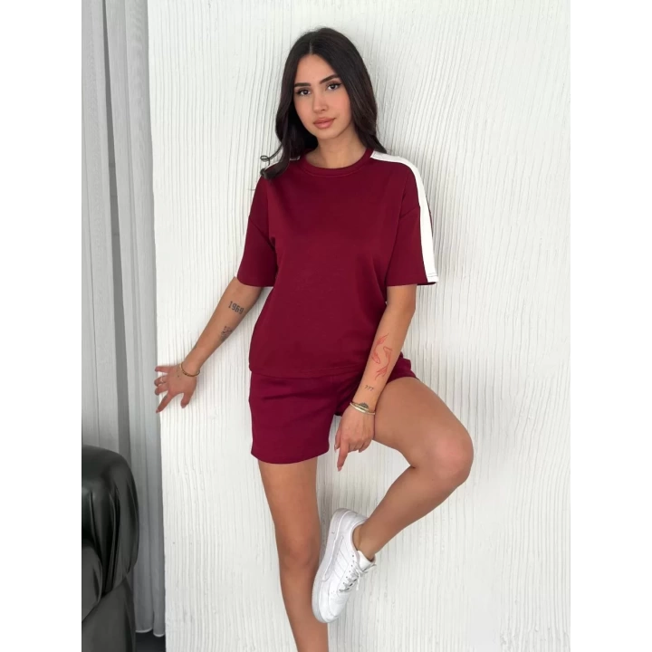 Osy Modal yumuşak dokulu Kumaş Kadın Parçalı Bisiklet Yaka T-shirt Kısa Şort İkili Takım -  Bordo