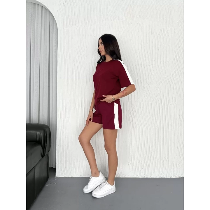 Osy Modal yumuşak dokulu Kumaş Kadın Parçalı Bisiklet Yaka T-shirt Kısa Şort İkili Takım -  Bordo