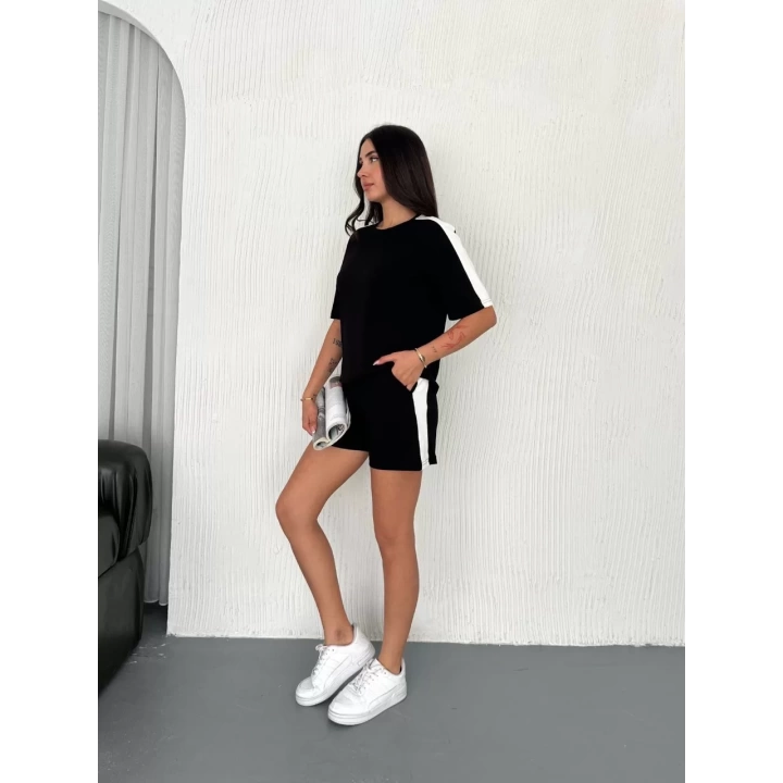 Osy Modal yumuşak dokulu Kumaş Kadın Parçalı Bisiklet Yaka T-shirt Kısa Şort İkili Takım - Siyah