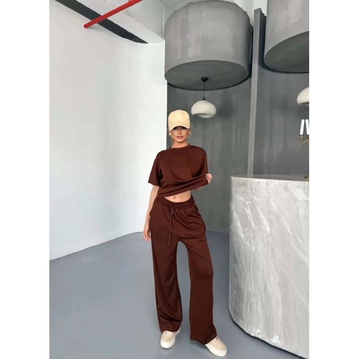 Osy Modal Yumuşak Dokulu Kumaş Kısa Kollu Bluz Rahat Pantalon ikili Takım- Kahverengi